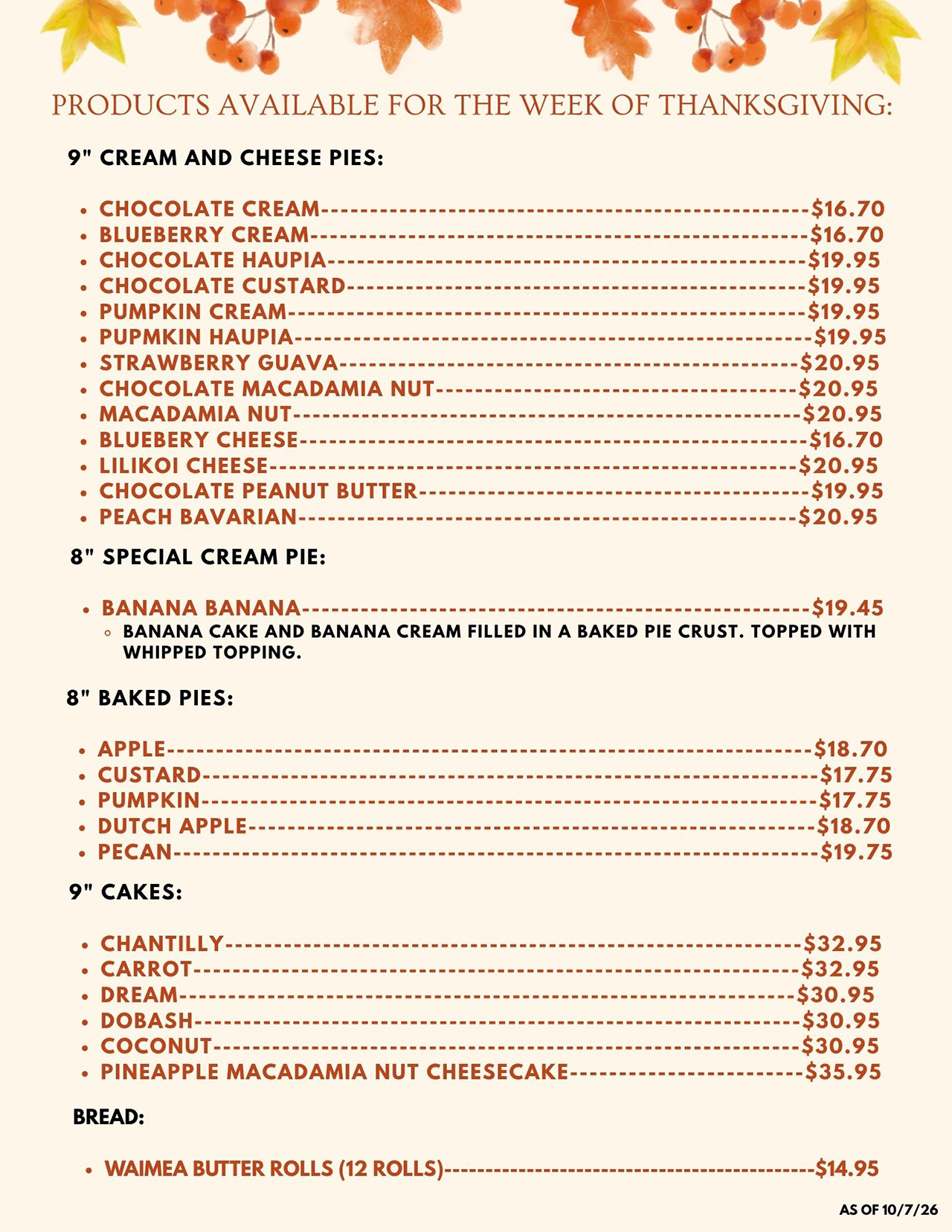 PRODUCTS AVAILABLE FOR THE WEEK OF THANKSGIVING: